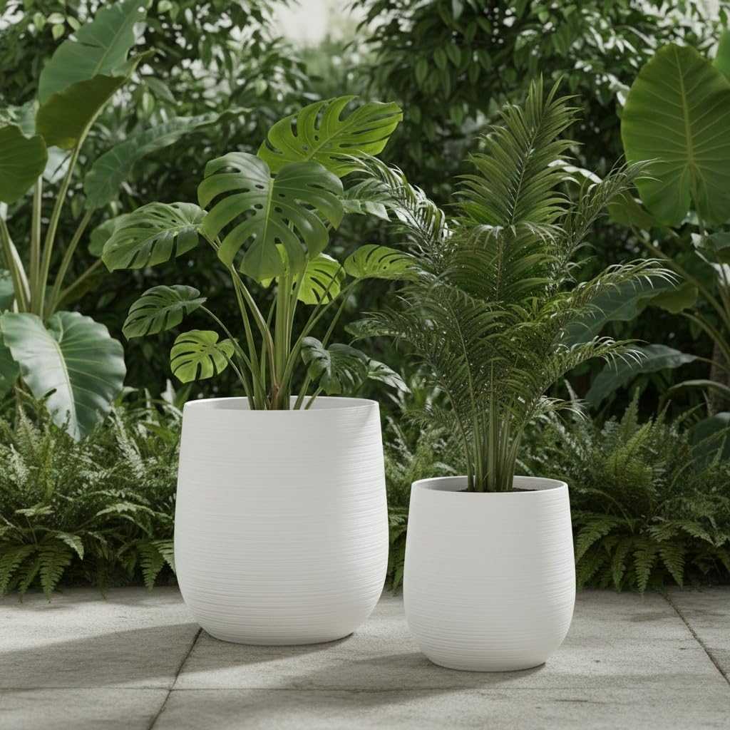 Olly & Rose Maceta extragrande con patrón – Maceta de jardín blanca – Maceta XL – 50 cm de alto x 45 cm de profundidad + 40 cm de alto x 38 cm de profundidad
