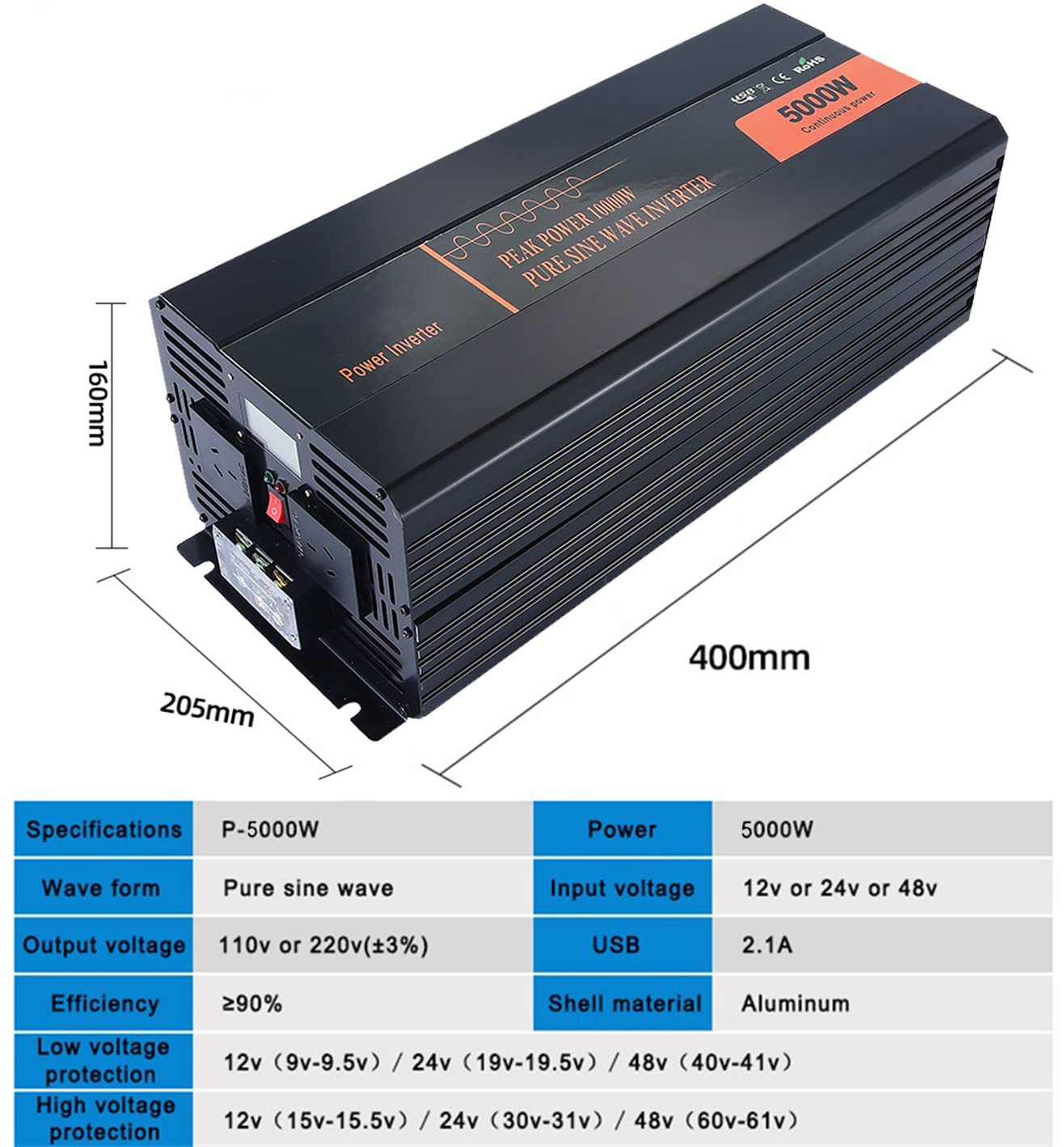 2000W 3000W 4000W 5000W falownik czysta fala sinusoidalna 12V 24V 48V do 230V przetwornica napięcia samochodowego przetwornica napięcia z ekranem LCD i 2 portami USB,5000W-12V