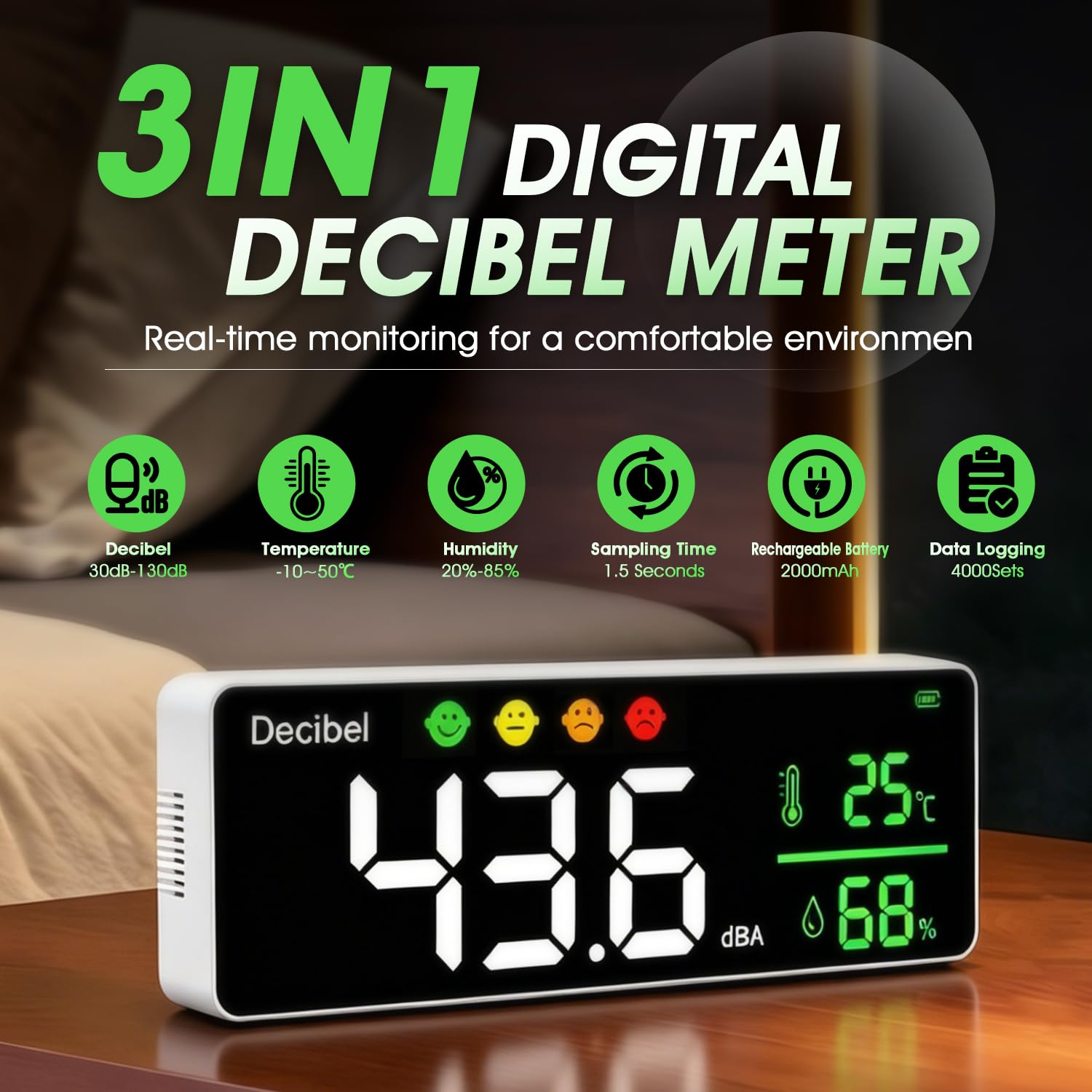 Schallpegelmesser mit Datenaufzeichnung, Digitales Lärm Dezibel Messgerät 30-130 dBA, Temperatur Feuchtigkeit Monitor, Type-C Export, Alarmfunktion für Arbeitsplatz, Industrie, Haushalt