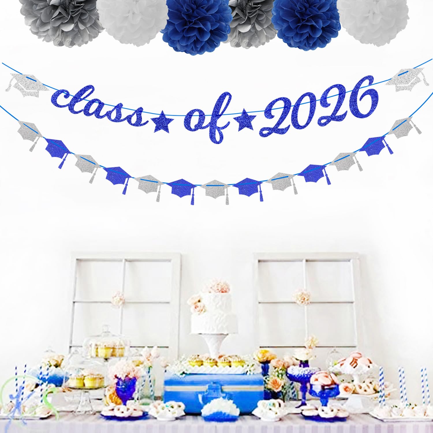 Pancarta de graduación para decoración de fiesta azul marino, blanco y plateado, 8 kits de guirnalda de gorra clase de 2025, pompones de papel de seda, decoración de felicitaciones Lasting Surprise