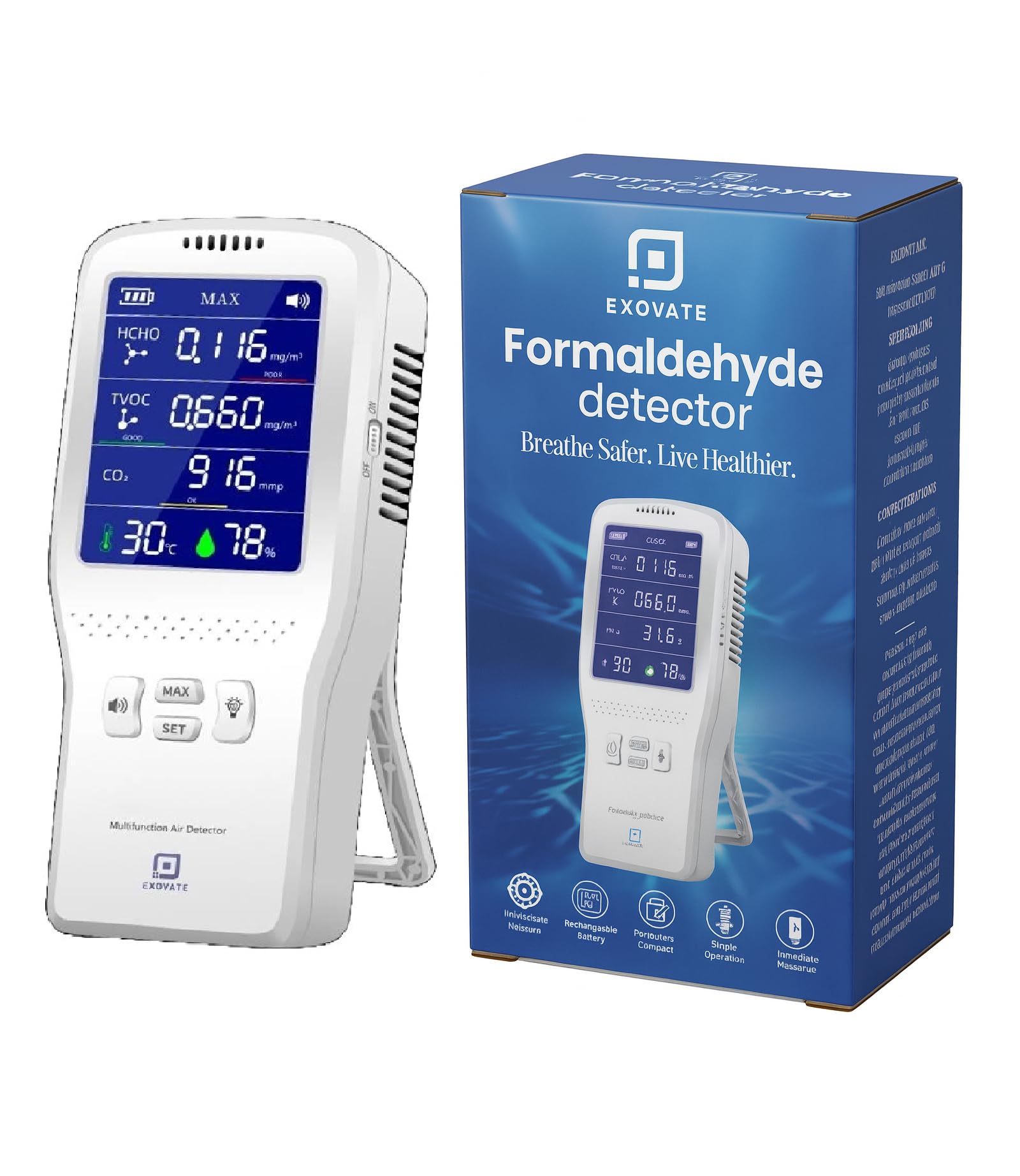 EXOVATE Portable Indoor Air Quality Monitor – Detects 10+ Harmful Chemicals, Formaldehyde, VOCs, Temperature & Humidity – Rechargeable Air Detector with Advanced Sensors, Fast Charging.-picture-29