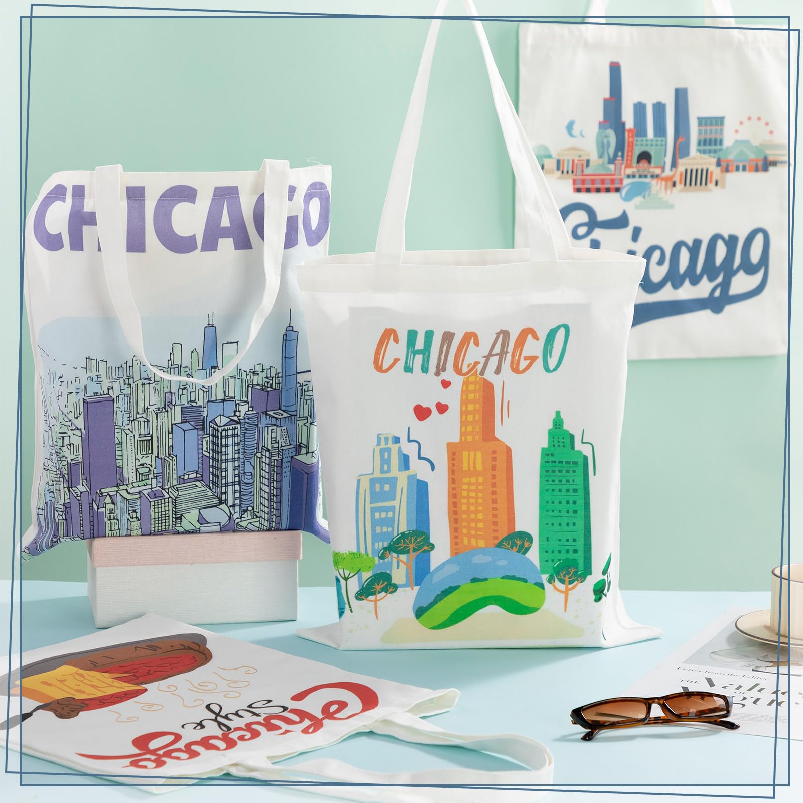 Paterr 6 Pcs Chicago Canvas Tote Bag Watercolor Chicago City Souvenir Gift Souvenir Women Travel Gifts Grocery Shopping Bag Christmas Party Favors