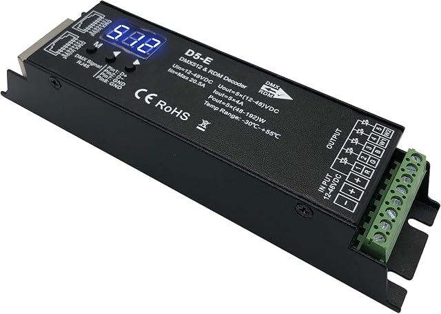 5 Channel DMX Decoder with RDM Digital Display,DMX512 Dimmer Driver PWM LED Controller for RGBCCT,RGBWW,RGBW or 5 White lightstrips LED Module Light Input 12V-48VDC