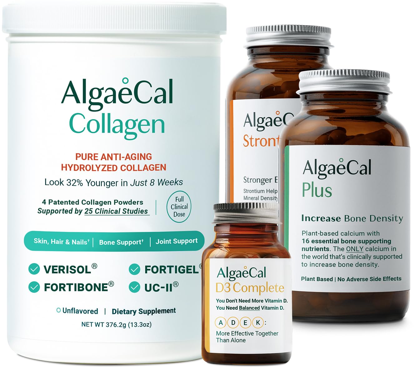 ALGAECAL Bone Builder Vitamin D3 Collagen Bundle Collagen with Verisol Fortibone Fortigel Vitamin ADEK Plant-Based Calcium Strontium Magnesium