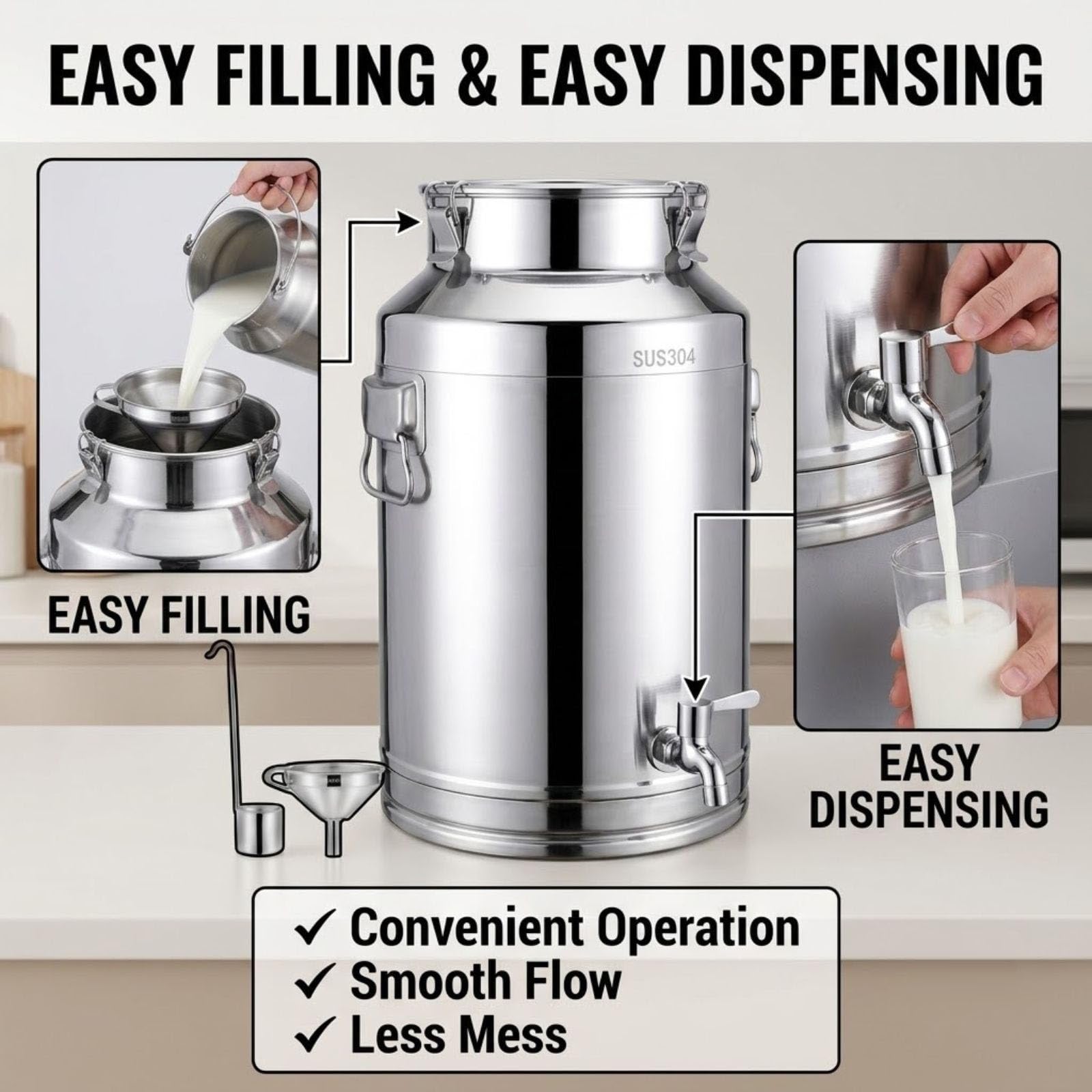 Contenedor de Acero Inoxidable 304 Dispensador de Bebidas y Agua | Bidón Hermético con Grifo de Acero Inoxidable 304 para Leche y Alimentos, Comercial y Hogar 5L-120L(22Liter)