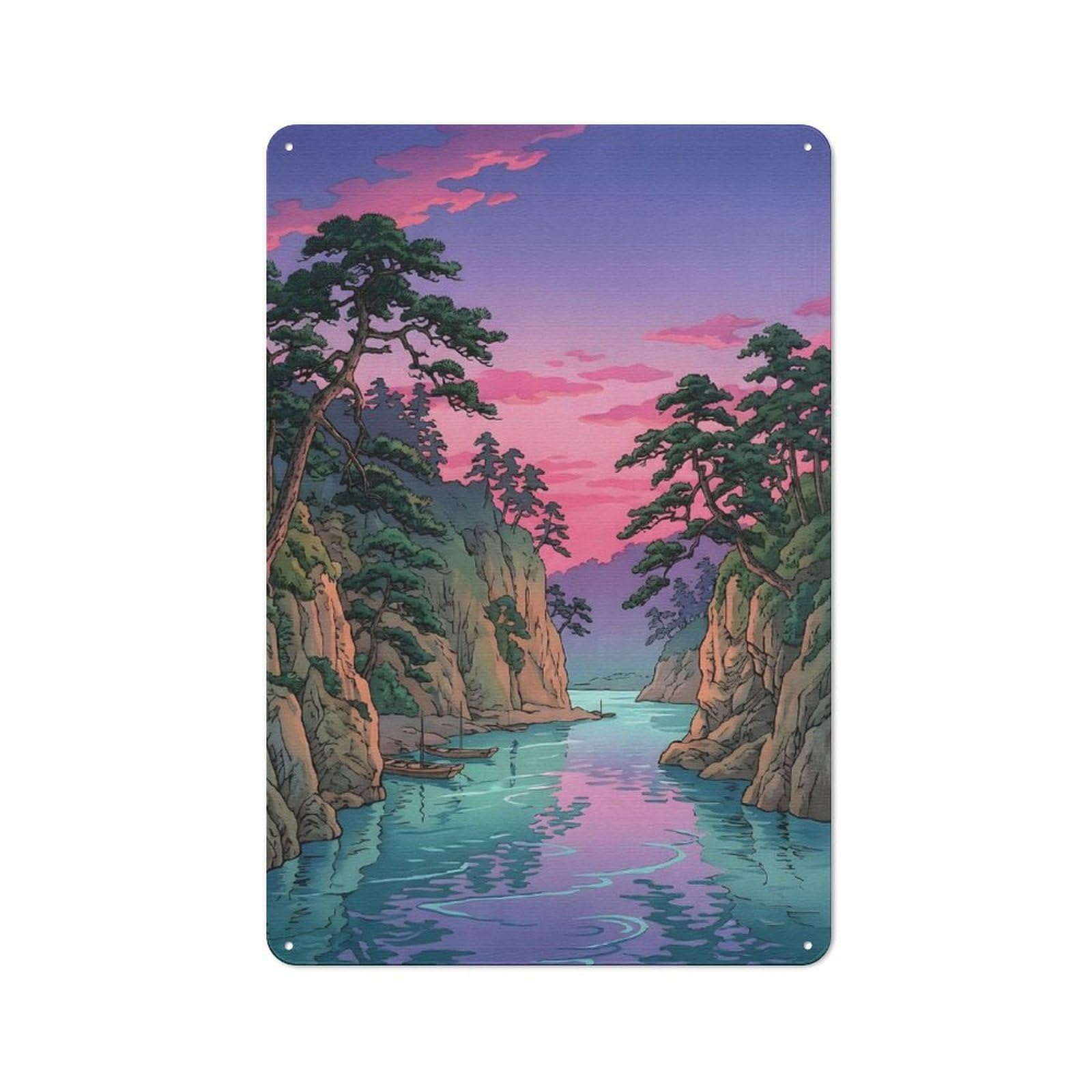 Modern Retro Decorative Metal Plaque 30x20cm Featuring Serene River Landscape at Sunset, Loft Wall Plaque for Flat, Bar, Studio Or Gallery Wall