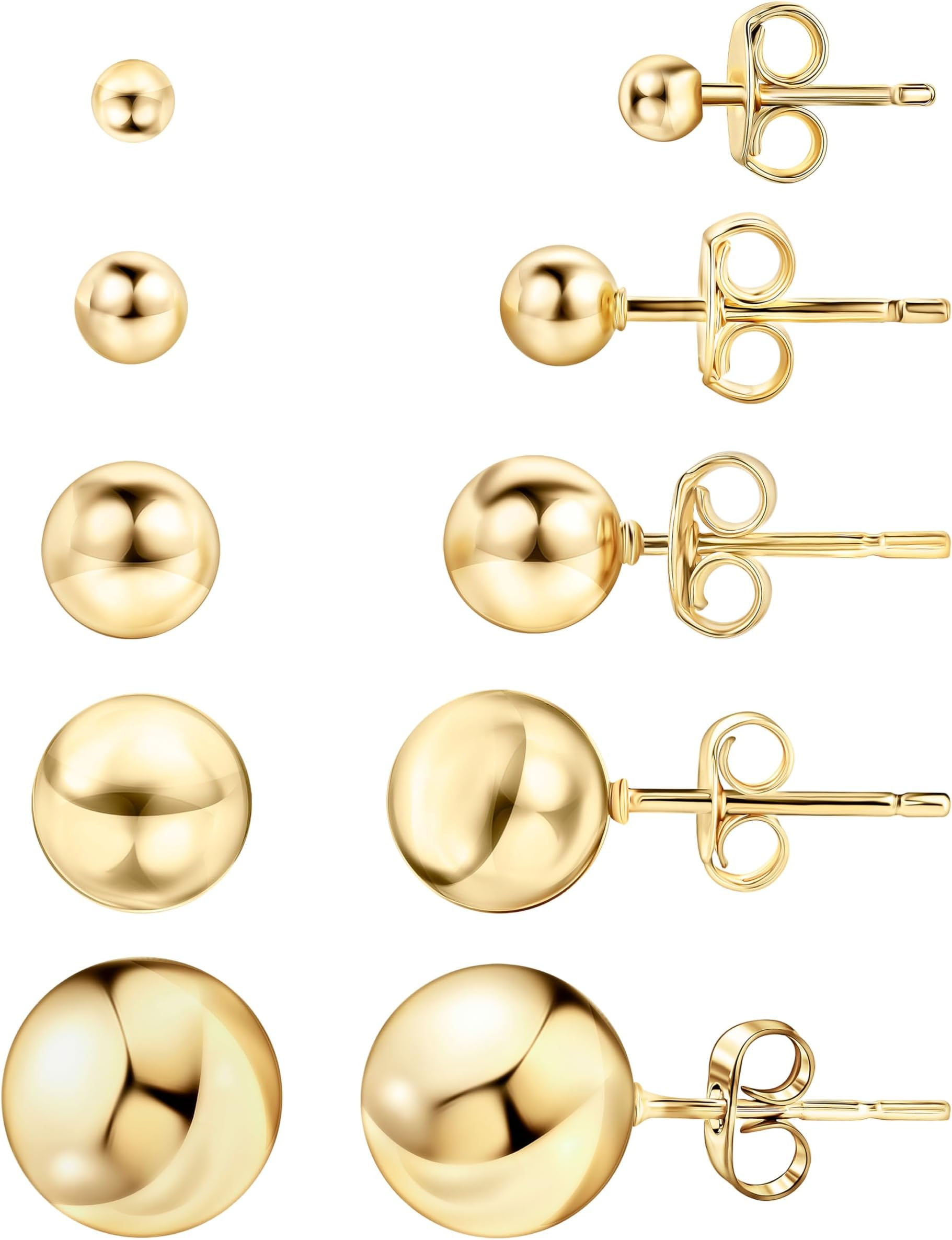 18K Gold Plated Ball Stud Earrings Set, Sizes 3-10MM, 5 Pack, High Polish Finish Ball Suds