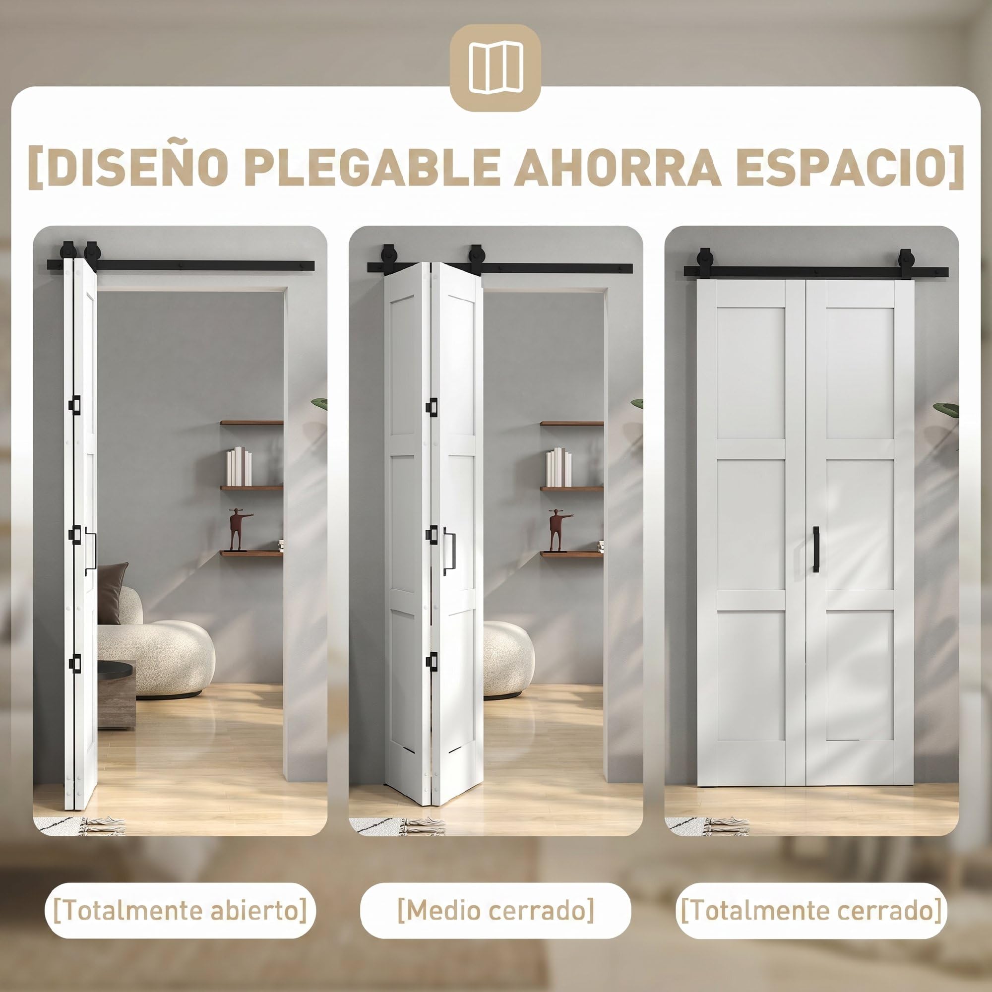 HOMCOM Puerta Corredera Plegable con Herrajes 91,4x213,4 cm, Puerta Corredera Interior con Rodillo, Riel de Acero, Guía de Suelo, Manija, para Baño, Salón, Sala de Estar, Blanco