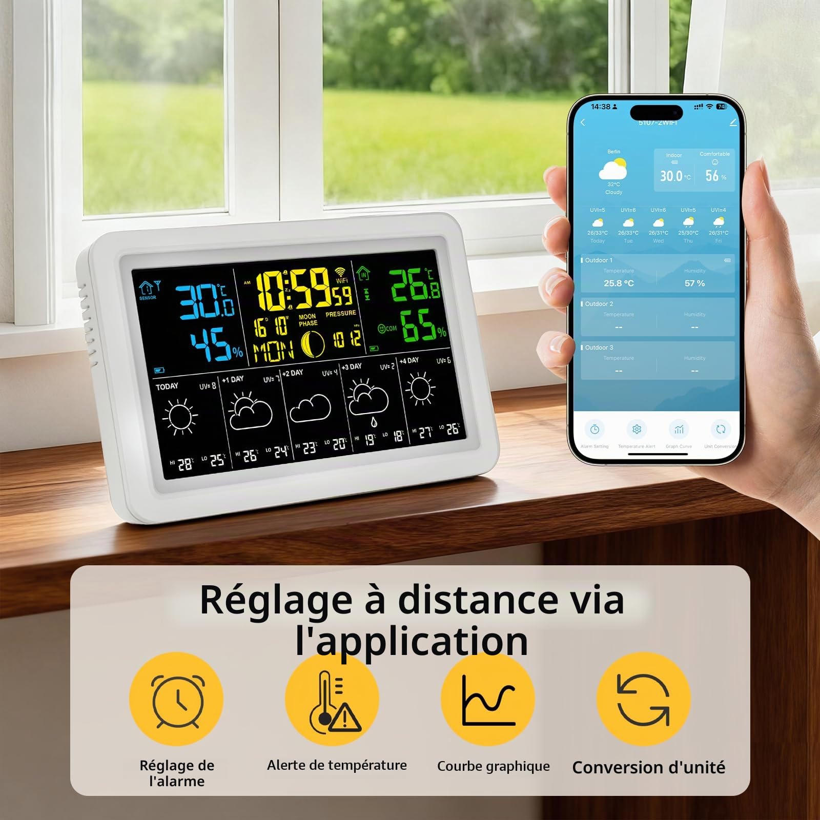 Horloge météo WiFi Prévisions sur 5 jours Thermomètre et hygromètre intérieur Phase Pression atmosphérique Date Alarme Réglage de la luminosité Grand écran couleur