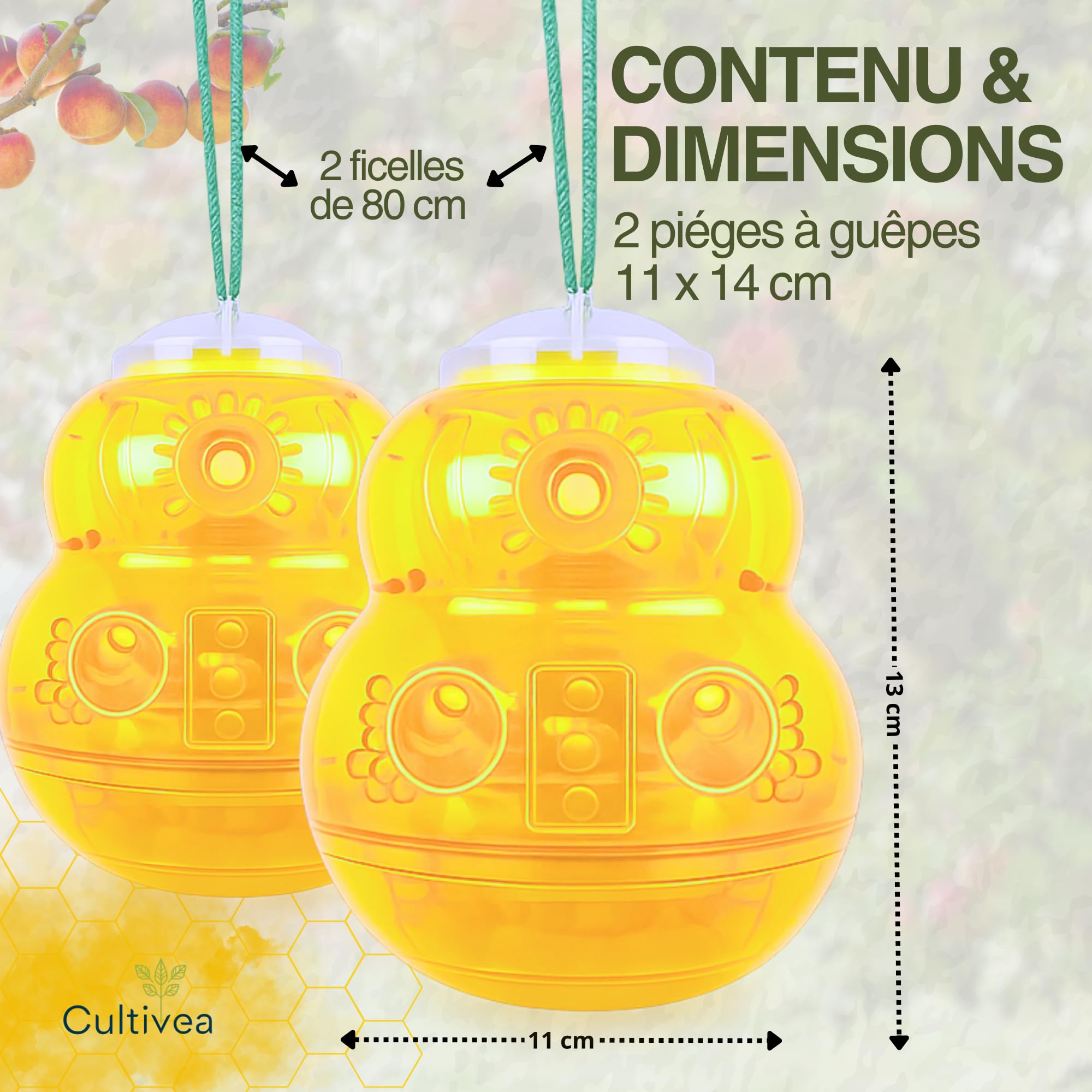 Cultivea- Lot 2 Piège à Guêpes et Frelons Extérieur Réutilisable – Attrape Guêpe Naturel sans Danger pour Abeilles – Double Système d’Attraction – Piège à Frelons Asiatiques Efficace (Jaune)
