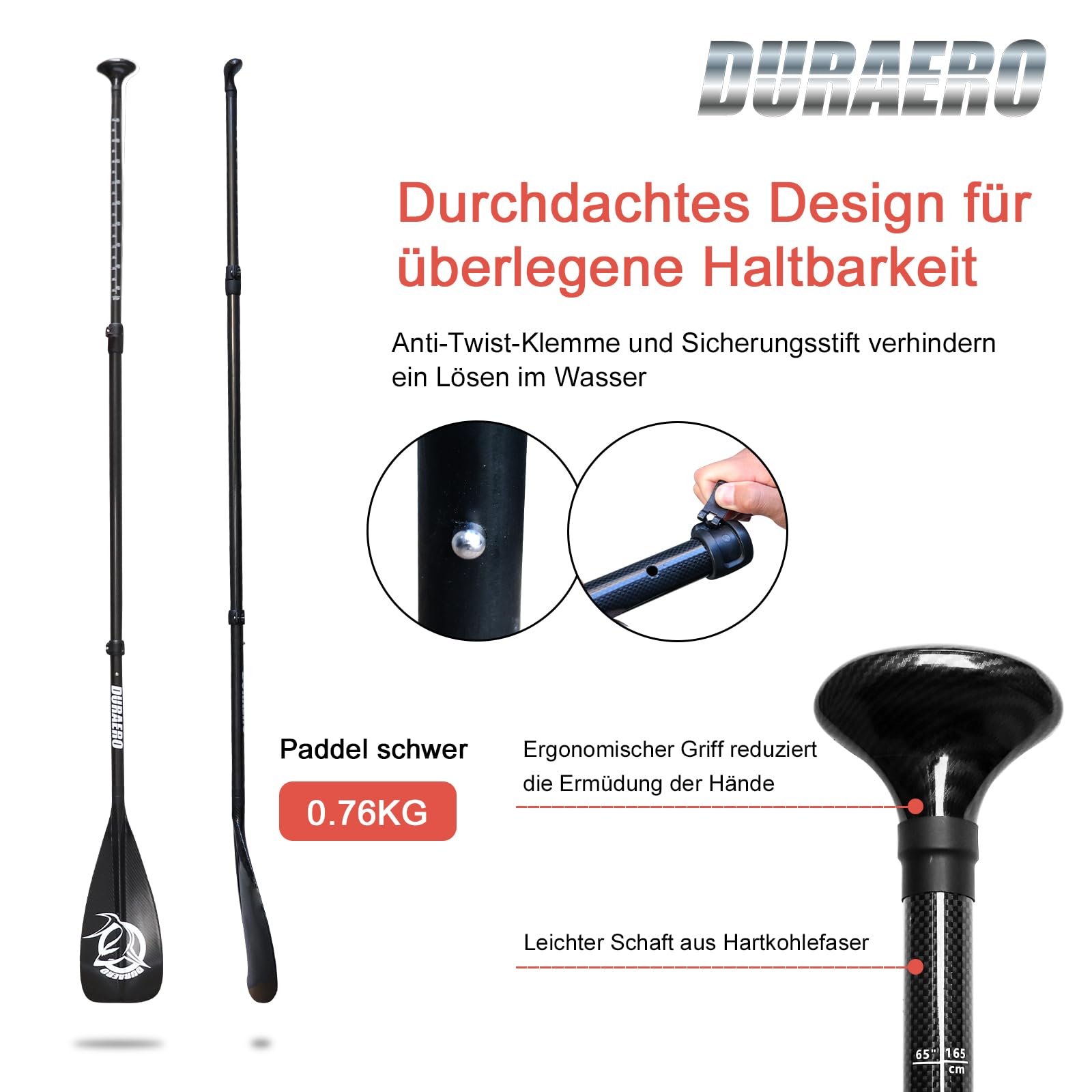 Wiosło węglowe z torbą – 3 sztuki do SUP kajak, deska do wiosłowania, profesjonalna szybkość, lekka, 760 g, regulowany teleskop 165 cm – 205 cm