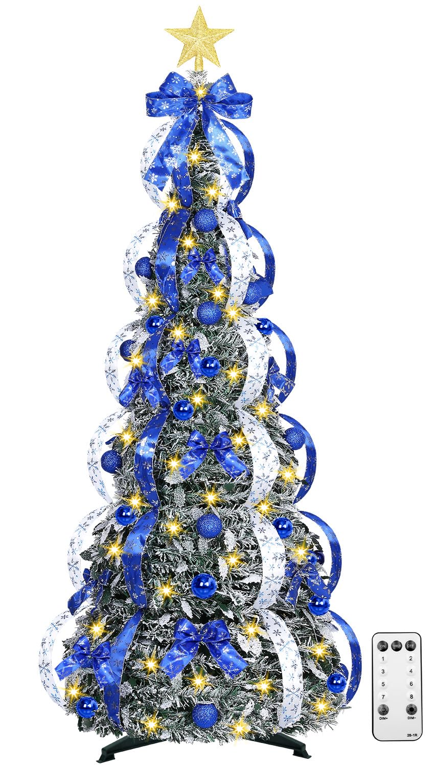 Photo 1 of [ 8 Modes & Timer ] 6Ft Prelit Full Pop Up Flocked Pencil Christmas Tree with 200 Warm White LED Lights, Balls, Blue & White Ribbon, Bows, Plug in Collapsible Xmas Tree Outdoor Indoor Christmas Decor
