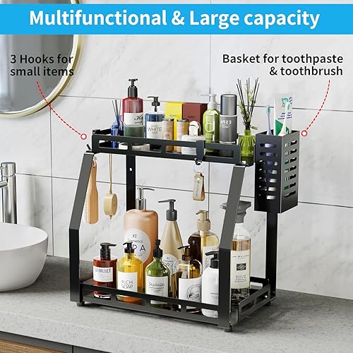 Miniatura 2 de Organizador de encimera de baño, organizador de especias de cocina de 2 niveles, organizador de encimera de baño con cesta, organizador de baño para