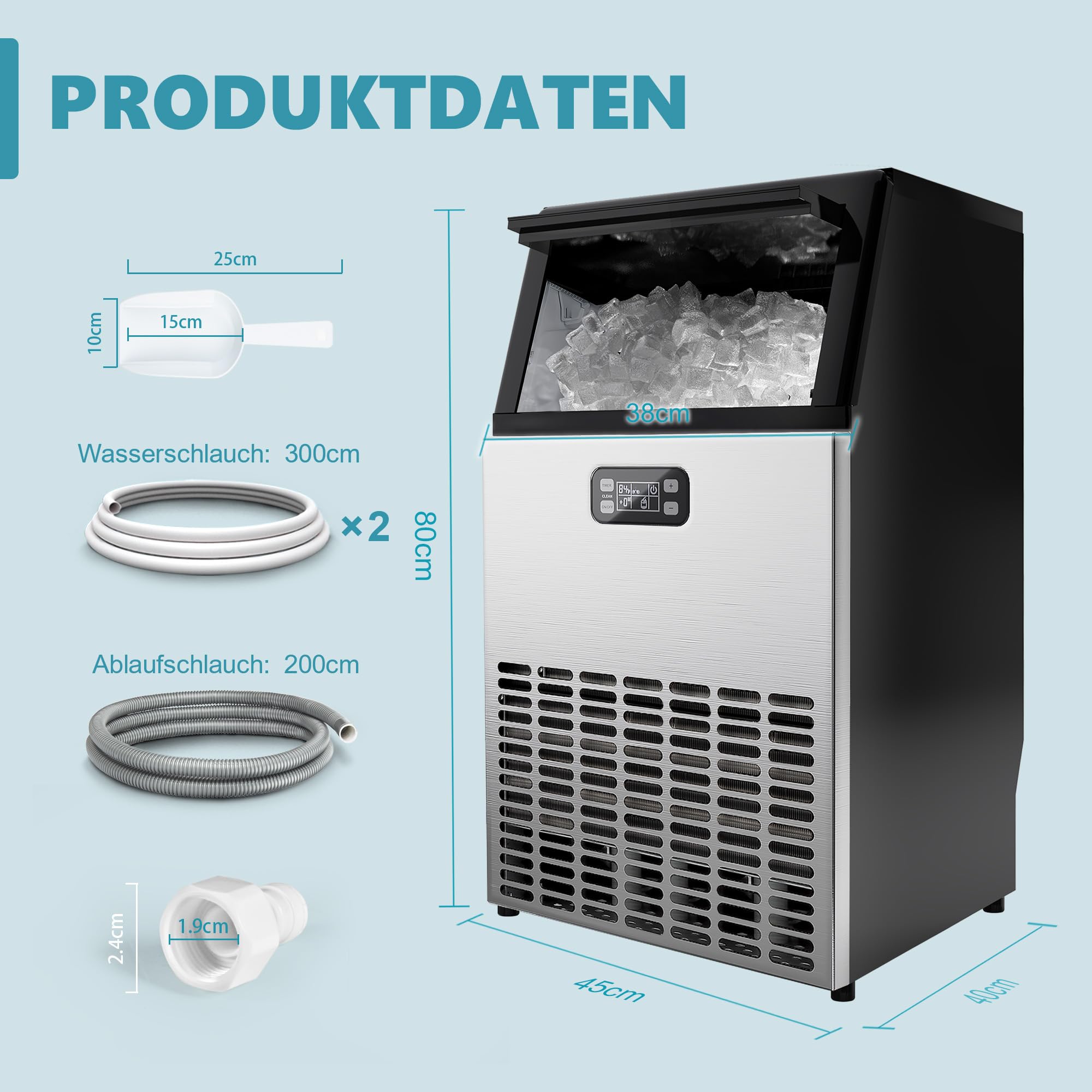 EUHOMY Gewerbliche Eiswürfelmaschine, 45 kg/24 Std. Edelstahl Untertisch-Eismaschine mit 15 kg Eislagerkapazität, freistehende Eismaschine mit Timer, ideal für Bars, Getränkeläden und große Feiern