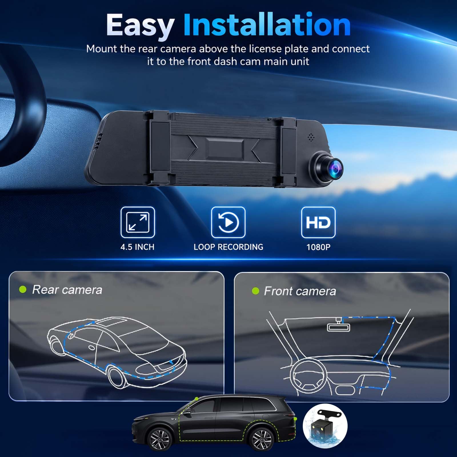 NHOPEEW Dashcam lusterko 4,5" 1080P Ant-Post, karta 64 GB w zestawie