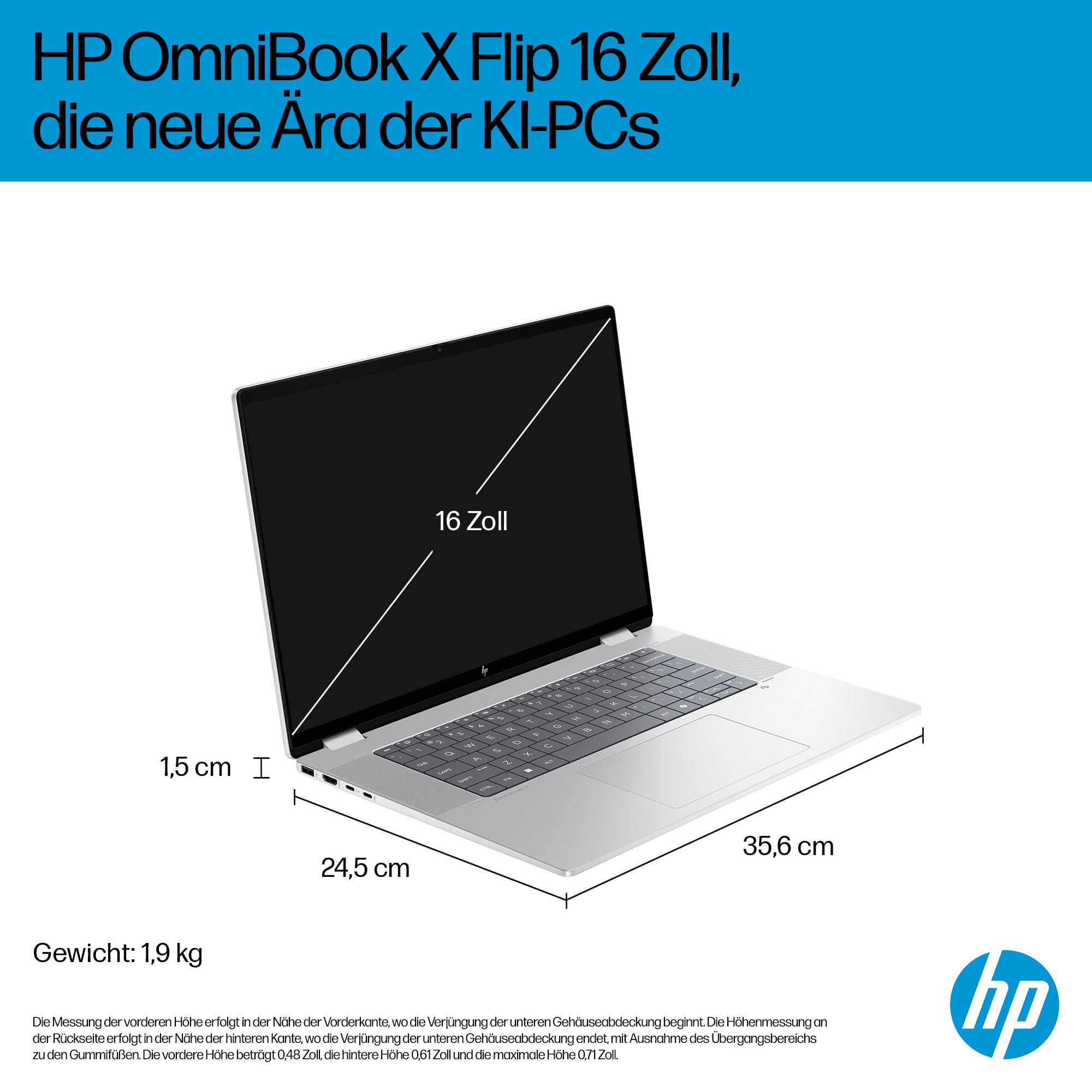 HP OmniBook X Flip 2-in-1 Laptop (16" 2K Touchscreen, Intel Core Ultra 5, Copilot+, 16GB RAM, 512GB, Win 11, QWERTZ) - Silber
