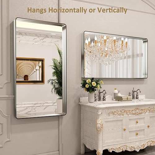 Miniatura 191 de LOAAO - Espejo de tocador para baño con marco de metal negro mate de 24 x 32 pulgadas para pared, rústico, rectangular, grande, redondeado