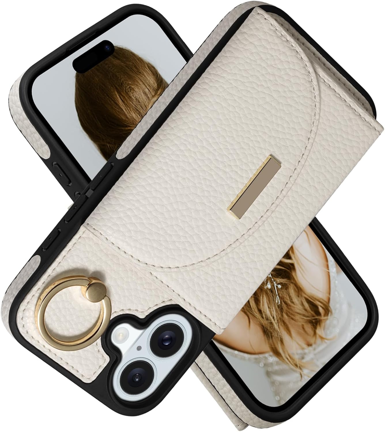 Keallce Case for iPhone 16 Wallet Case, Flip Leather Case with Card Slots, Ring Holder Kickstand Protective Folio Phone Cover for Women Ladies, Beige 6.1'' iPhone 16 Beige