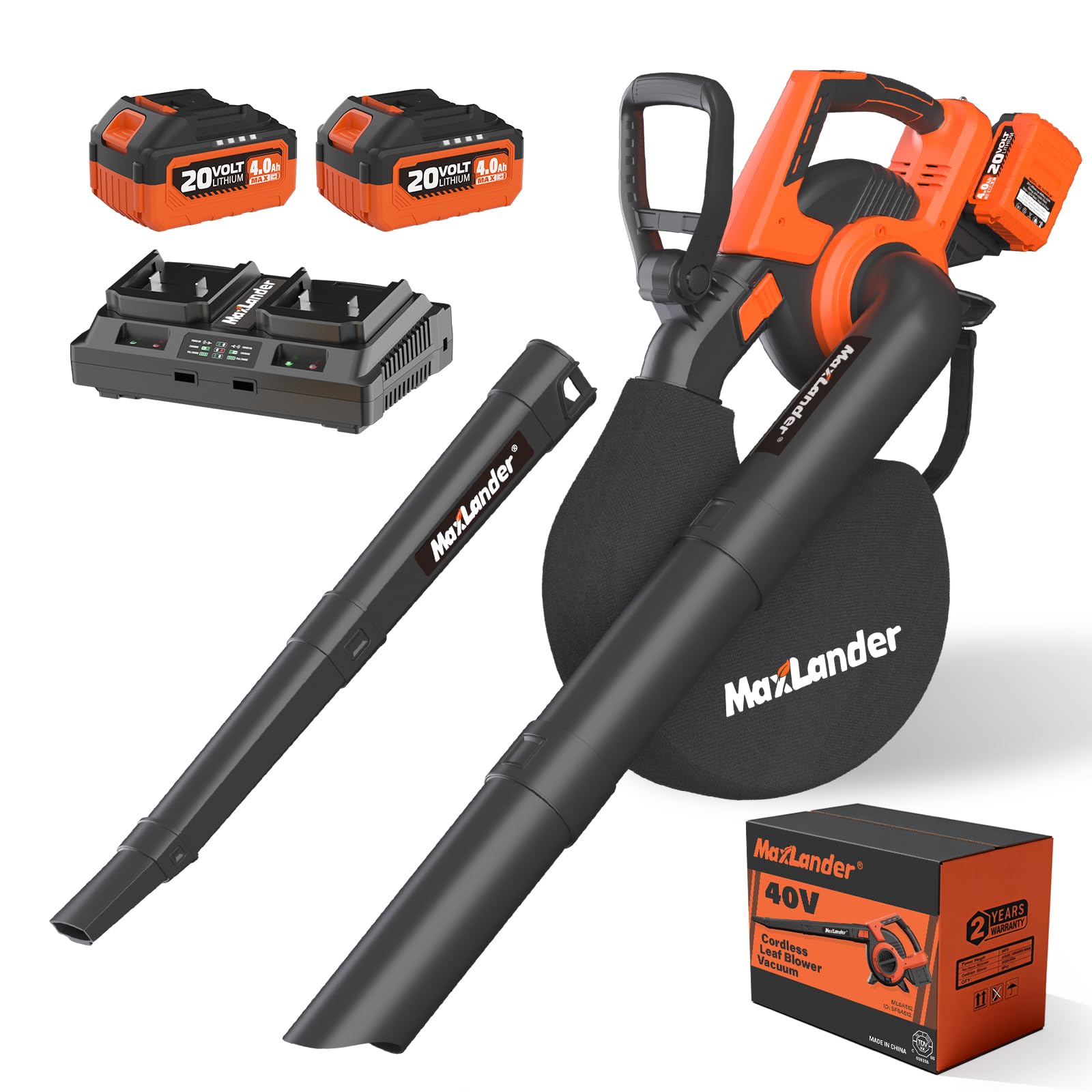 maxlander cordless leaf blower & vacuum with bag, 3-in-1 brushless battery powered leaf vacuum mulcher 40v 170mph 360cfm 5 speeds leaf blowers for lawn care 2x4.0ah battery & charger included