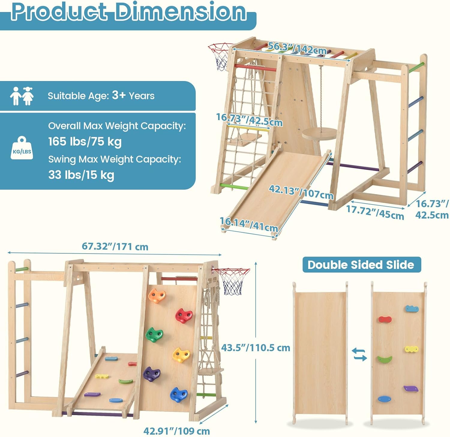 OLAKIDS Indoor Jungle Gym, 9 in 1 Wooden Montessori Baby Climbing Toys with Adjustable 2 Swings Ramp, Monkey Bar Basketball Hoop Ladder Climb Net (Colorful)