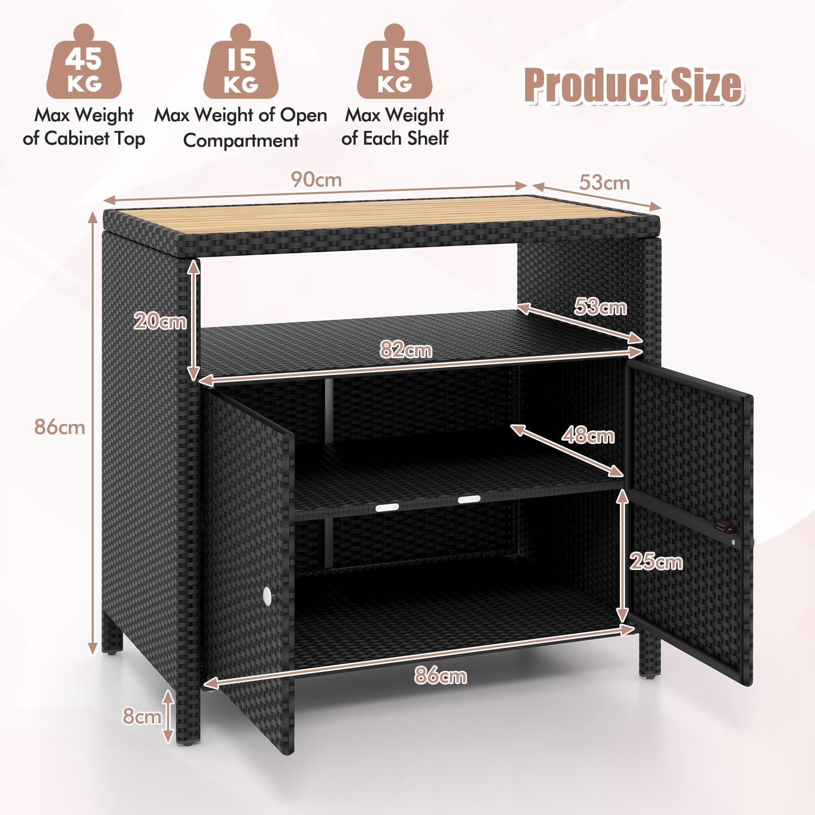 KOMFOTTEU Gartenschrank aus Rattan, Aufbewahrungsschrank Sideboard mit Arbeitsplatte aus Akazienholz, Garten Schuppen mit Doppeltüren, Rattanschrank 90 x 53 x 86 cm (Schwarz)