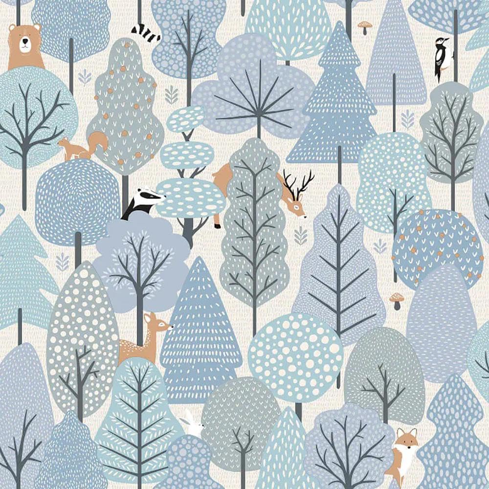 Yöl Blue Children's Wild Wood Wallpaper - Feature Wall Modern Naturistic Birds Mushrooms - Paste The Wall