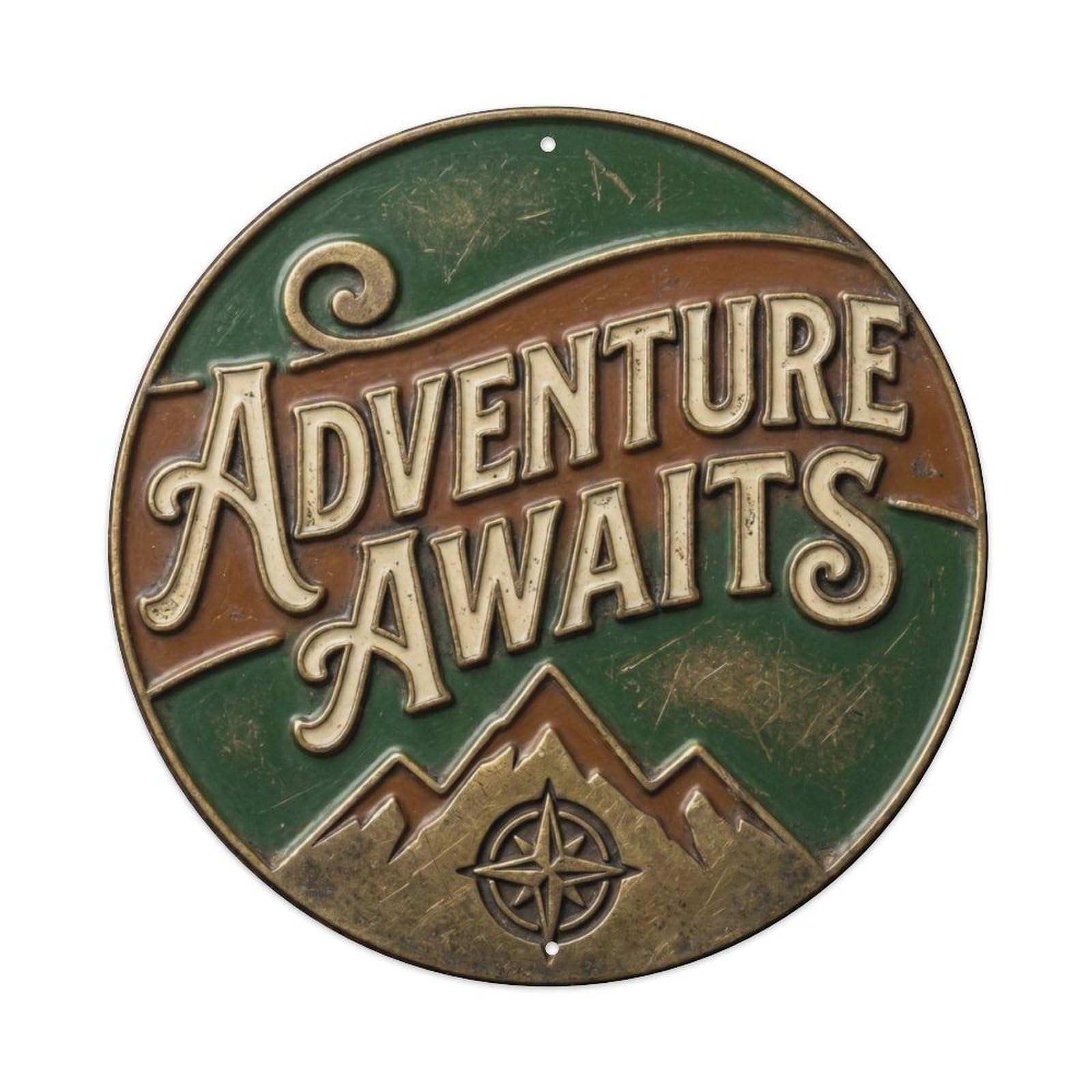 Fqcyn Style Adventure Awaits Vintage Outdoor Display Retro Slogans Metal Tin Sign Plaque Wall Decor For Cafe, Club Bar, Office, Home Garden Round Metal Poster 8X8inch
