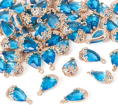 Cheriswelry 50pcs Faceted Teardrop with Flower Transparent Glass Charms Dodger Blue Crystal Dangle Pendants 16x9mm for DIY Craft Earring Bracelet Necklace Jewelry Making Supplies