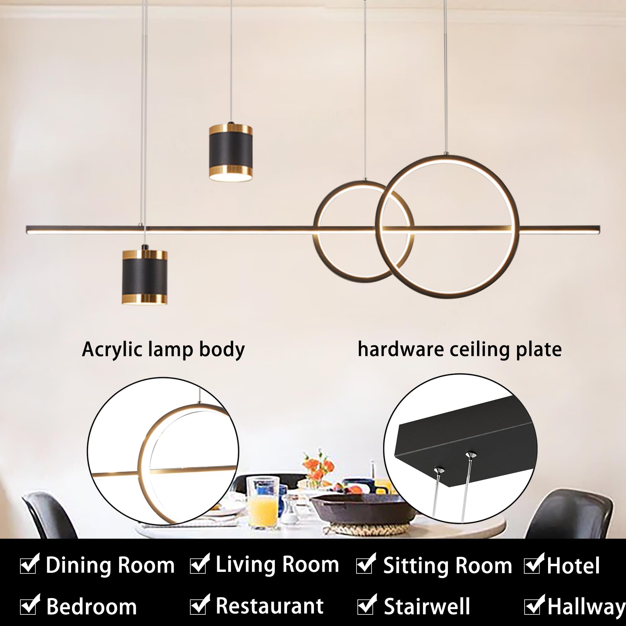 LED Pendelleuchte Esstisch, 49W Dimmbar Hängelampe mit Fernbedienung, Sternenhimmel Unabhängig Steuerbare Hängeleuchte, 120cm Höhenverstellbar Pendellampe, Für Esszimmer, Küche, Schwarz, 100cm