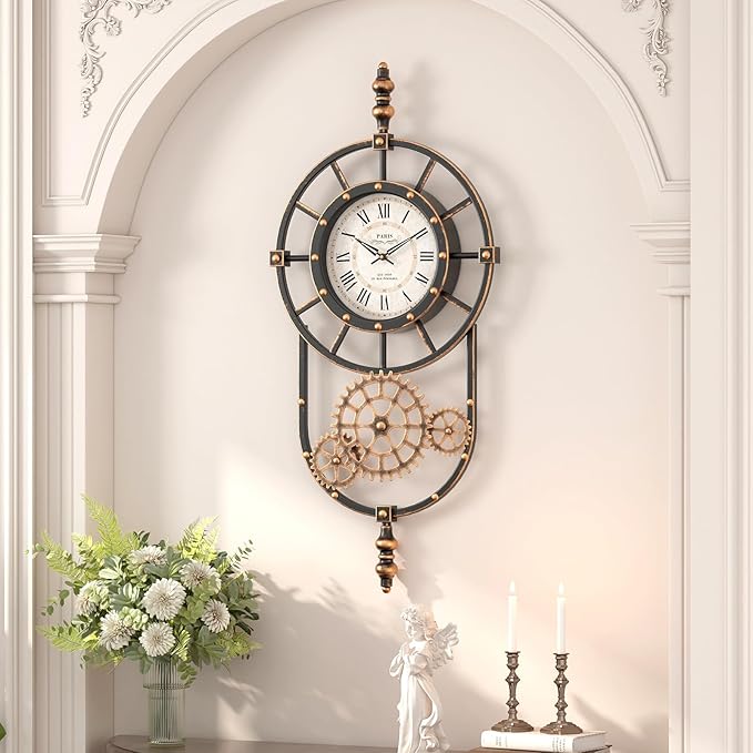 Reloj de Pared Steampunk Industrial Grande, Oro Antiguo y Negro, 23" x 14" miniatura 4