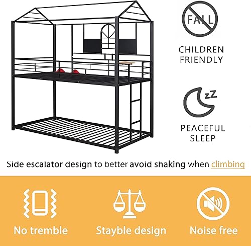 Miniatura 11 de Harper & Bright Designs Litera de metal con tobogán individual sobre individual, literas bajas, marco con escalera de techo en forma de casa
