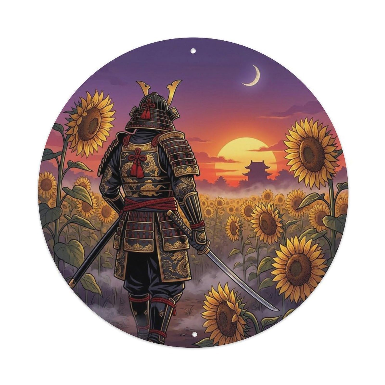 Okngb Style Ronin Sunflower Meadow Twilight Soul Bushido Token Metal Tin Sign Plaque Wall Decor For Cafe, Man Cave, Club Bar, Office, Home Garden Round Metal Poster 8X8inch