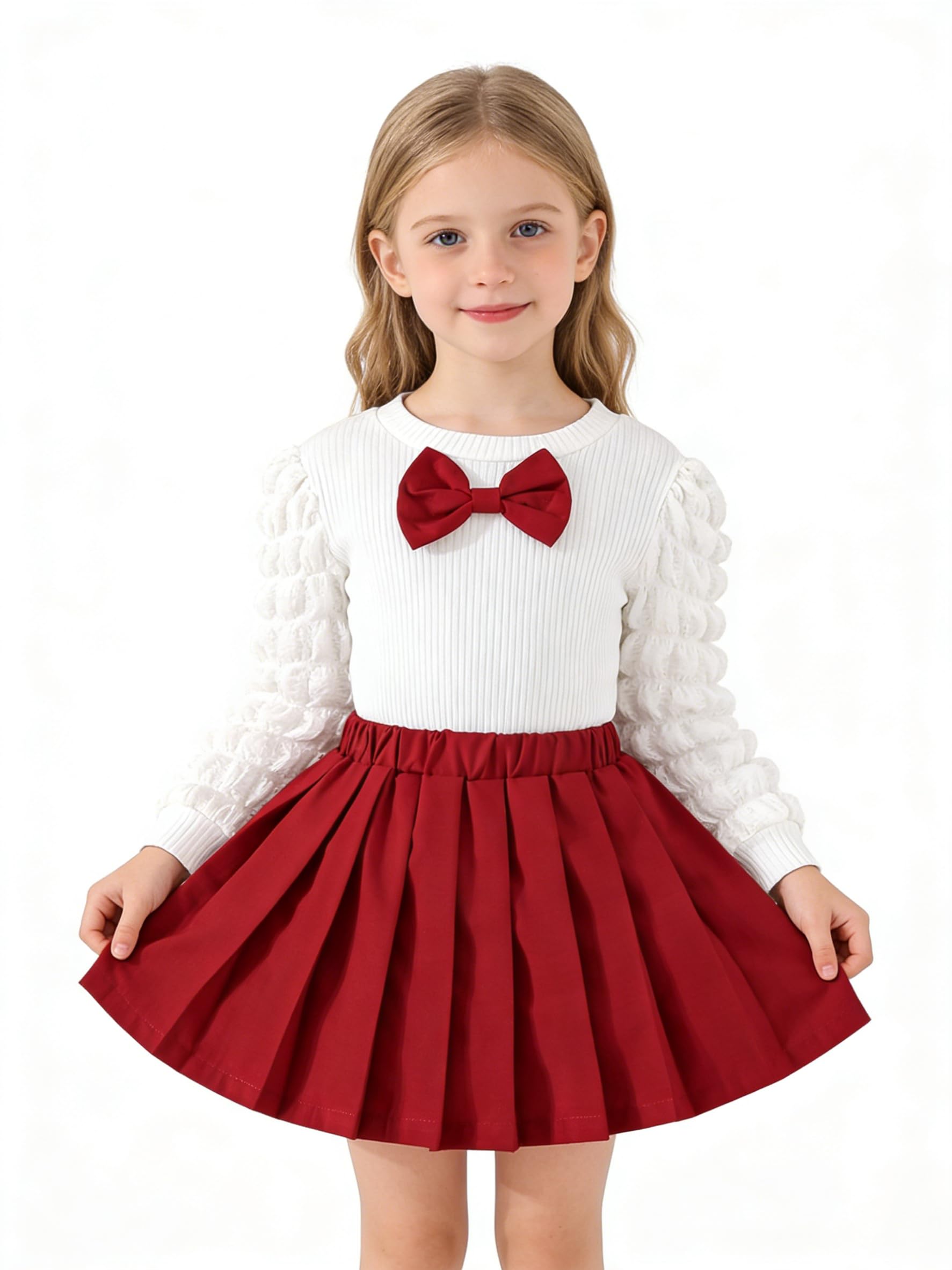 3-8Y Toddler Girl Skirt Set Kid 2Pcs Outfits Puff Long Sleeve Top Pleated Skirt with Bowknot Fall Winter Clothes