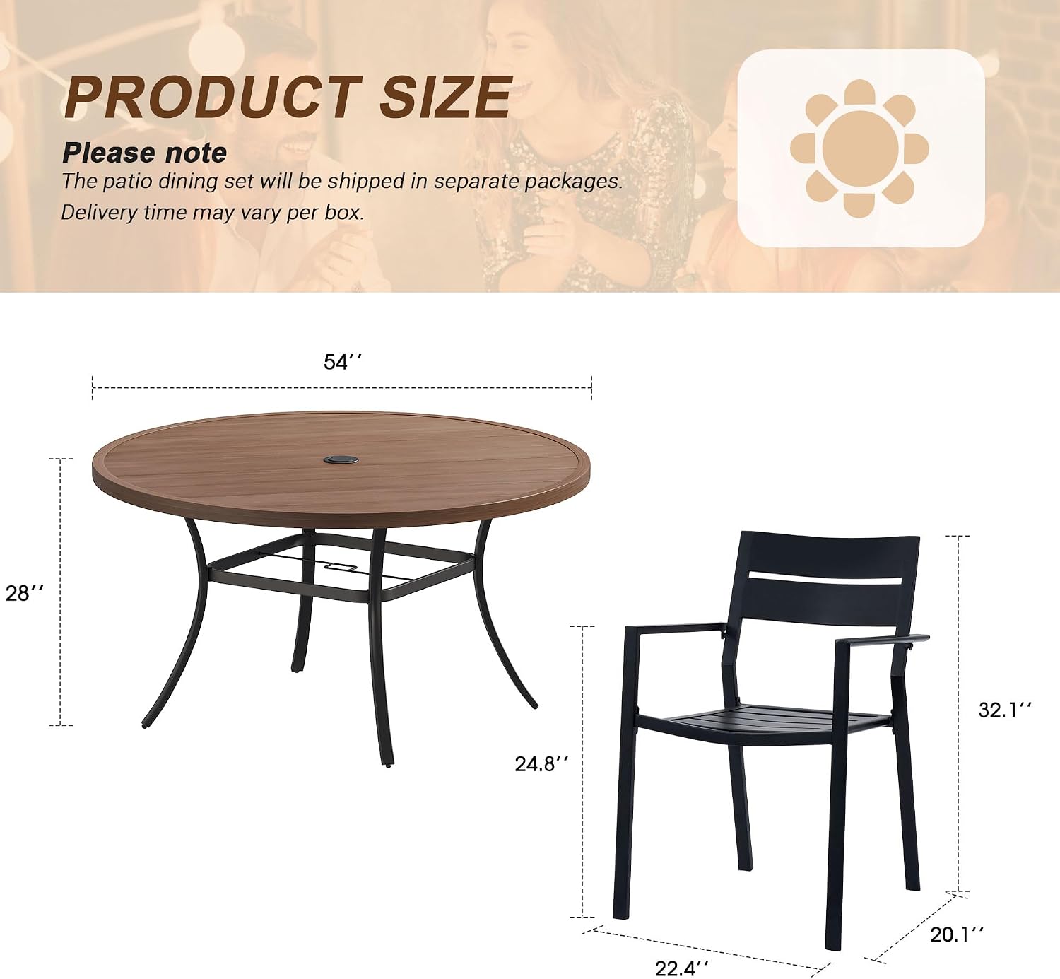 VICLLAX Patio 9 Pieces Outdoor Dining Set, Wrought Iron Metal Outdoor Table and Chairs Set, 53" Round Table with Umbrella Hole and 8 Stackable Chairs for Lawn, Garden, Porch, Walnut/Black