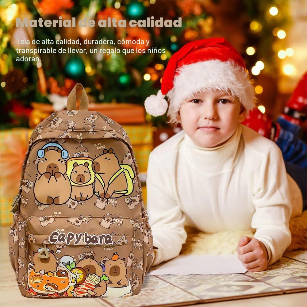 Capybara Backpack Kids, Capybara Bolsa De Almuerzo Para Niños y Fiambrera Para Niños Con Botella, Mochila Capybara Escolar Schoolbag Capibara Plush & Llaveros Portalápices Regalo para Niños