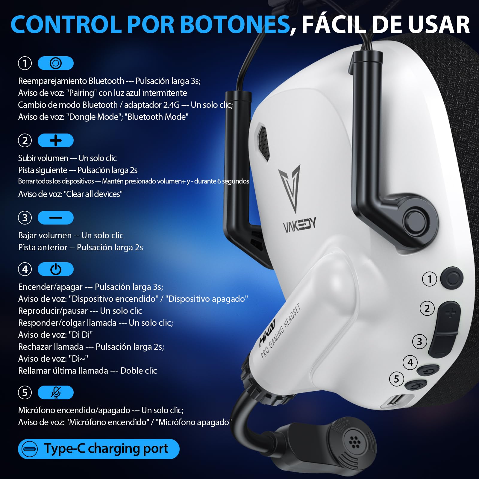 Vakedy Cascos Gaming Inalambricos, 2,4 GHz USB y Auriculares Bluetooth con Micrófono, Ultraligeros, Driver 50 mm, Baja Latencia, Batería 50H, Cascos Gamer para PS5/PS4/PC/Mac/Switch