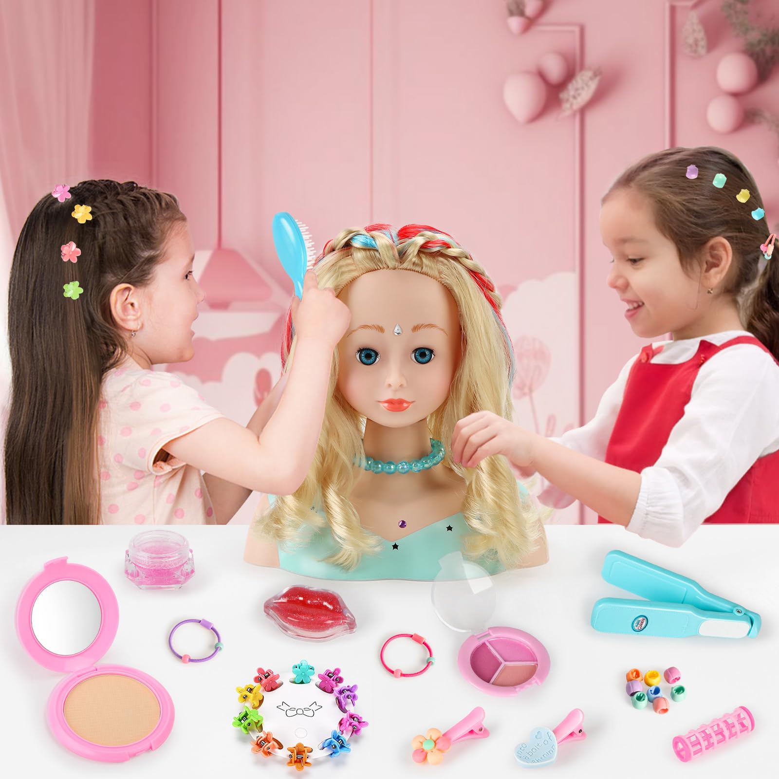 BuzzoXerex Cabeza Muñeca para Peinar y Maquillar, 58 Piezas Busto Muñeca Peinar y Maquillar, Cabeza de Peluquería para Niños, Cumpleaños para Niños a Partir de 3 Años (Multicolor)