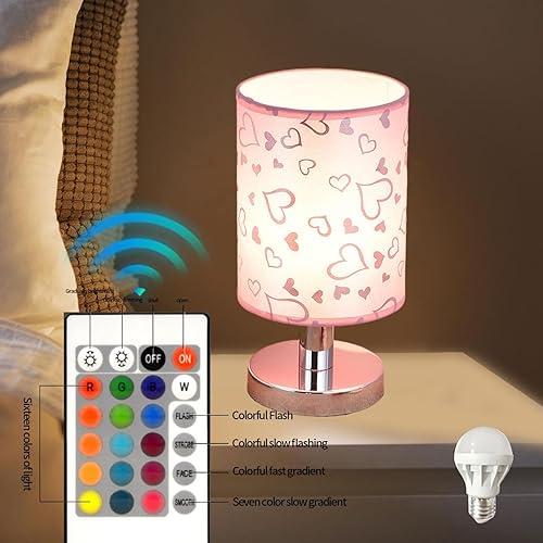 Miniatura 3 de Lámparas rosas para mesita de noche, pantalla de lino con patrón de corazón, lámpara de mesa regulable Romote, lámparas de noche cilíndricas