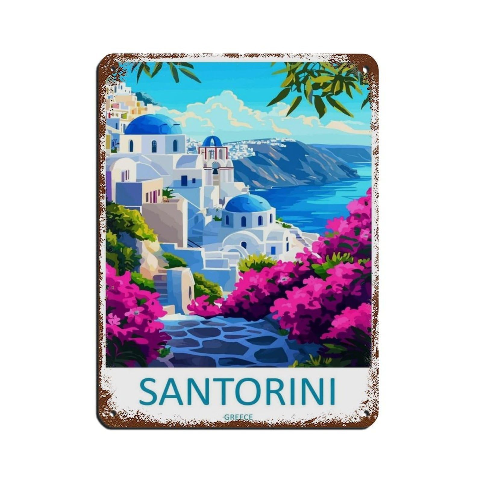 Santorini Travel Santorini Art Greece Island Poster Retro Poster Metal Tin Sign Chic Art Retro Iron Painting Bar People Cave Cafe Family Garage Poster Wall Decoration 12x16inch(30x40cm)