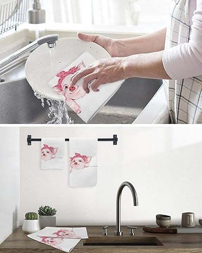 Miniatura 6 de Juego de 2 toallas de cocina de tejido de punto gofre de algodón, animales de cerdo rosa de 16 x 24 pulgadas, absorbentes, de secado rápido, para