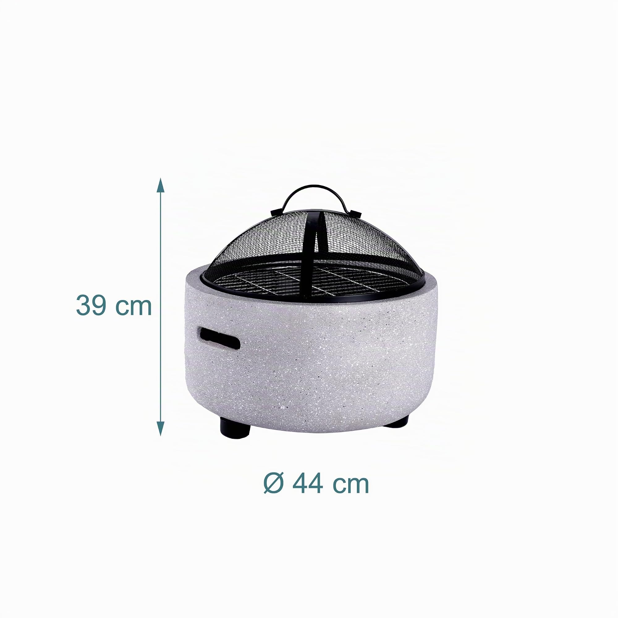 Relaxdays Feuerschale, Ø Schale 44 cm, Funkenschutz, grau/schwarz | Schürhaken, Steinoptik, Stahl, Feuerstelle Garten