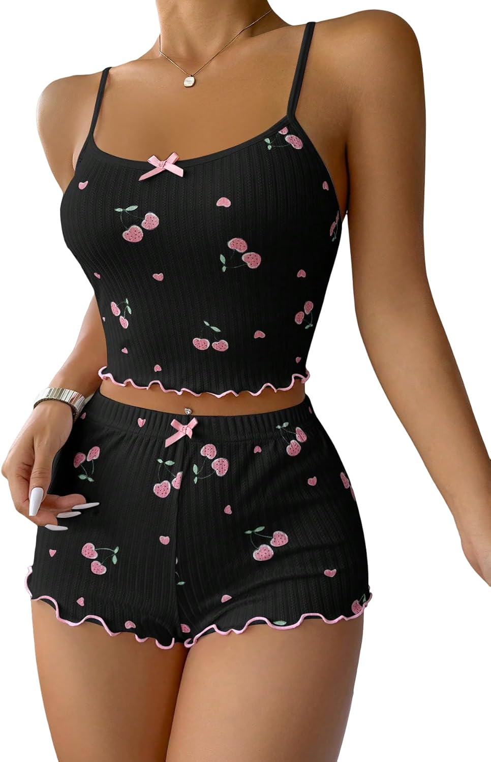 Cherry Bow Tie Pajama Set For Women Ultra Cozy Sleepwear With Heart Cherry Print Top And Shorts main image 1