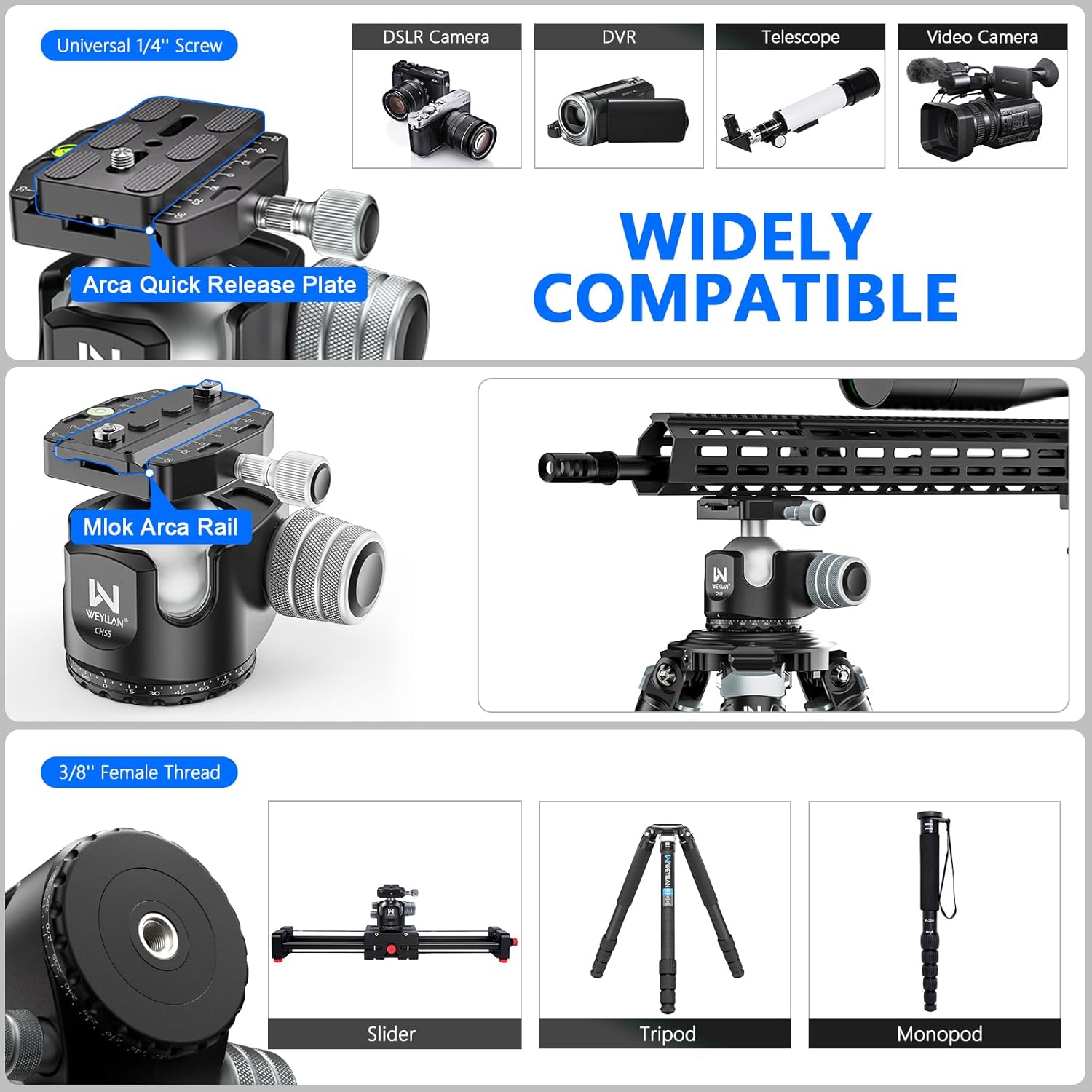 55mm Low Profile Arca Ball Head & Tripod Ball Head Conversion for BOG DeathGrip, WEYLLAN CH55 & BA5 Camera Tripod Head Mount with All Metal Converter Adapter, Mlok Rail Arca Swiss Quick Release Plate
