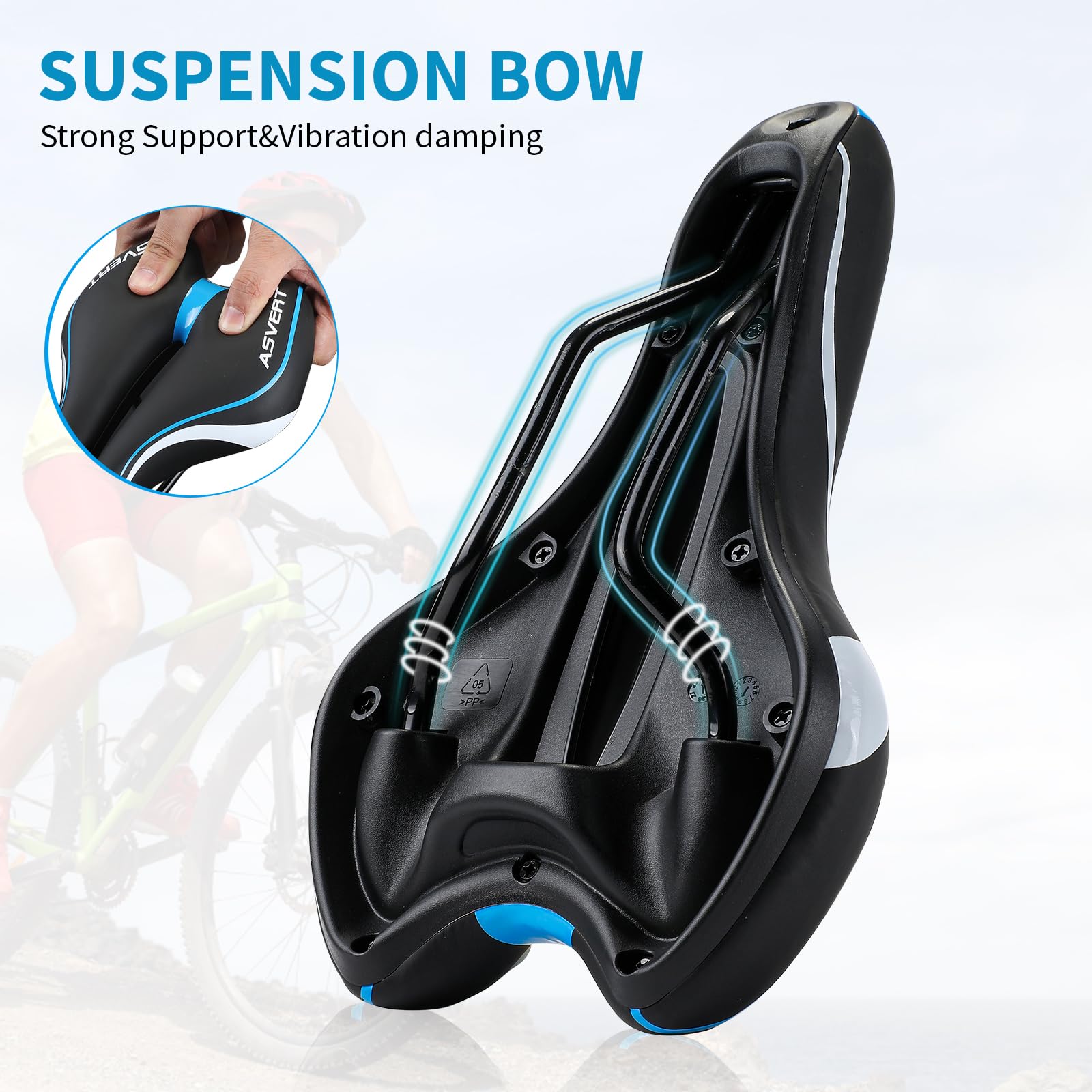 Sillín MTB Antiprostático de Ciclismo Transpirable y Ancho con Muelles y Raya Refleja Asiento para Bici MTB Carretera Montaña Urbana al Aire Libre