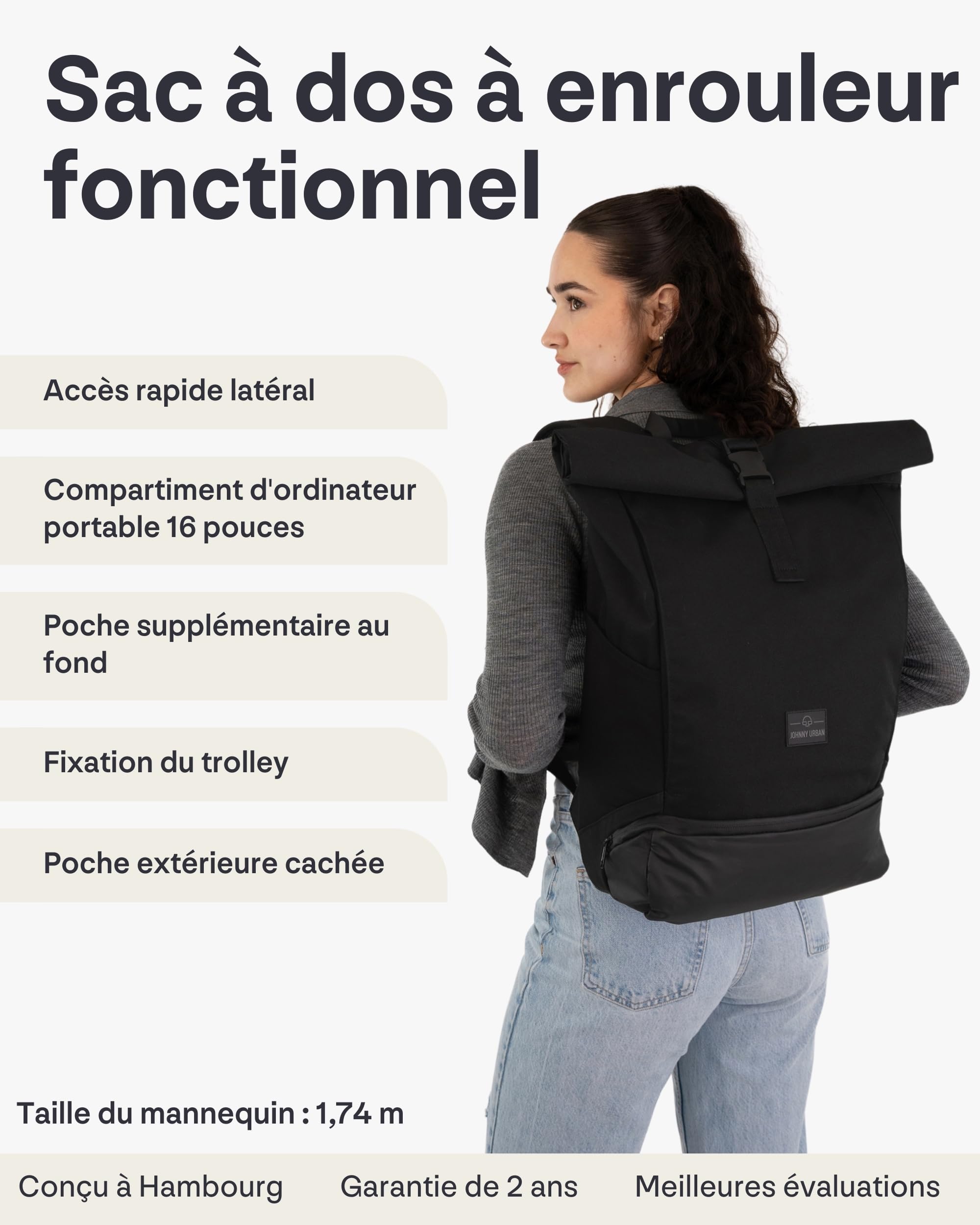 Johnny Urban Sac à Dos Roll Top Femmes & Hommes - Allen Large - Backpack antivol pour Voyage, Sport & Université - Compartiment pour Ordinateur Portable 16 pouces - Hydrofuge