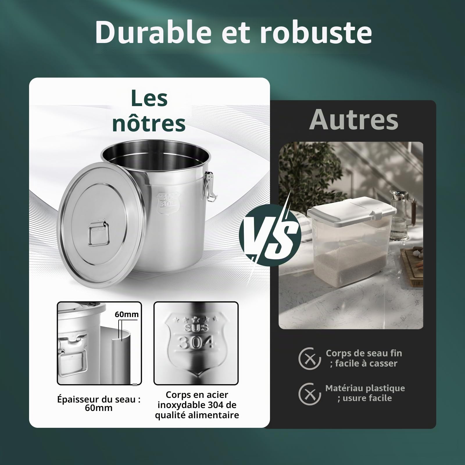 Seau hermétique en acier inoxydable Récipient à farine Stockage aliments cuisine Boîtes conservation riz, farine, céréales - 6 L/12 L/21 L/33 L