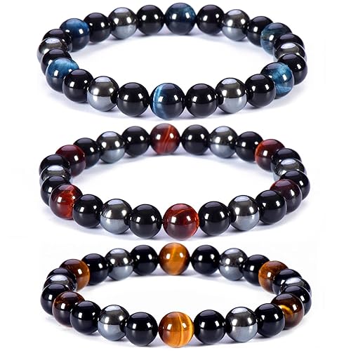 Miniatura 8 de SAMXY Triple Protection Bracelet, 10mm Healing Crystal Bead Bracelet, 2pcs Red Yellow Tiger's Eye Obsidian Hematite Bracelet Women Men (2Pcs 10mm