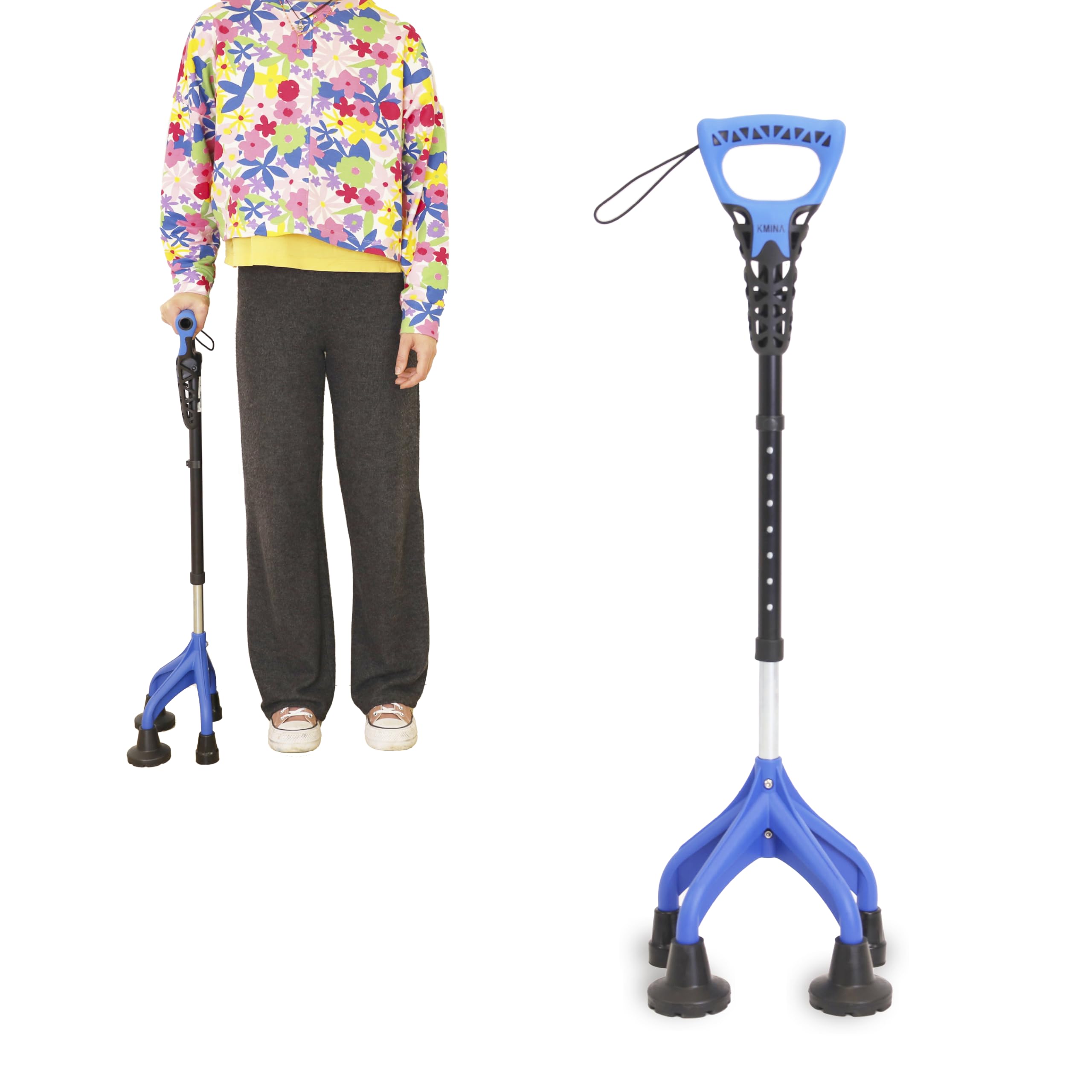 KMINA Quad Cane for Women and Men (Sturdy 3.3 lbs), 4 Prong Cane for Stability and Balance, Ergonomic Handle, Supports 350 lbs, Patented Design, Made in Europe