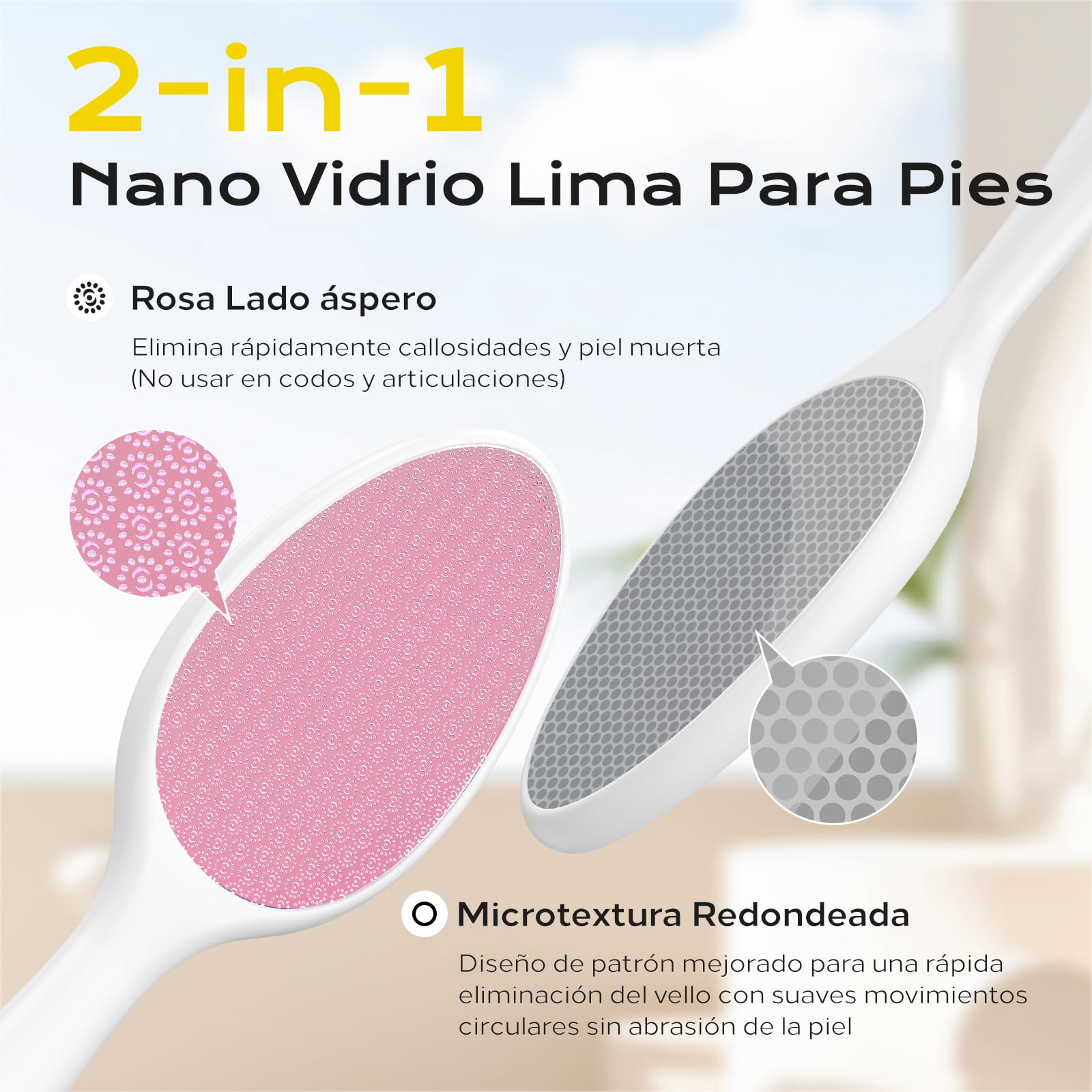 2 en 1 Lima Para Pies Nano Vidrio - Lima Pies y Removedor con Mango Largo, Elimina Durezas y Callosidades, Foot File Suave Profesional, Uso Húmedo/Seco -Rosa