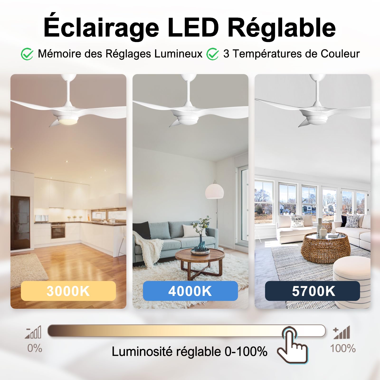 reiga Ventilateur de plafond 132 cm blanc brillant, moteur DC silencieux | 6 vitesses réversibles, lumière LED dimmable, Contrôle par télécommande et app mobile, pour chambre/salon